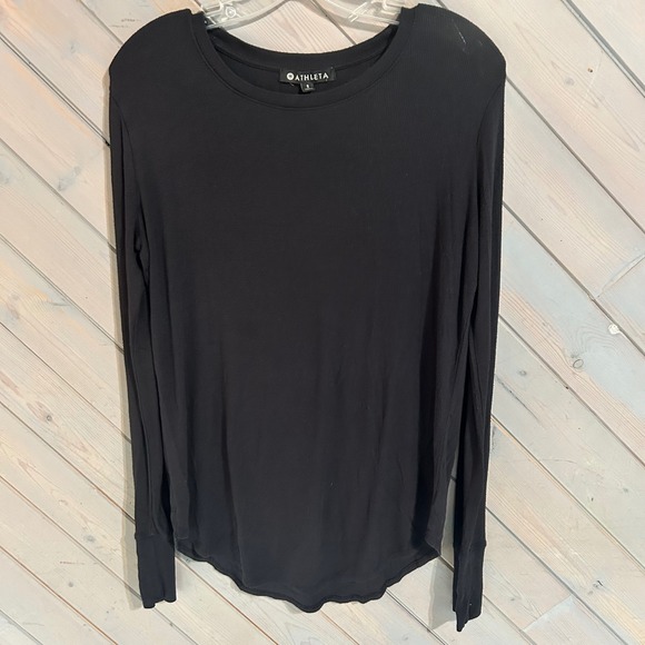 Athleta Tops - Athleta Black Long Sleeve Ribbed‎ Top Curved Hem Comfort Relaxed Fit Womens